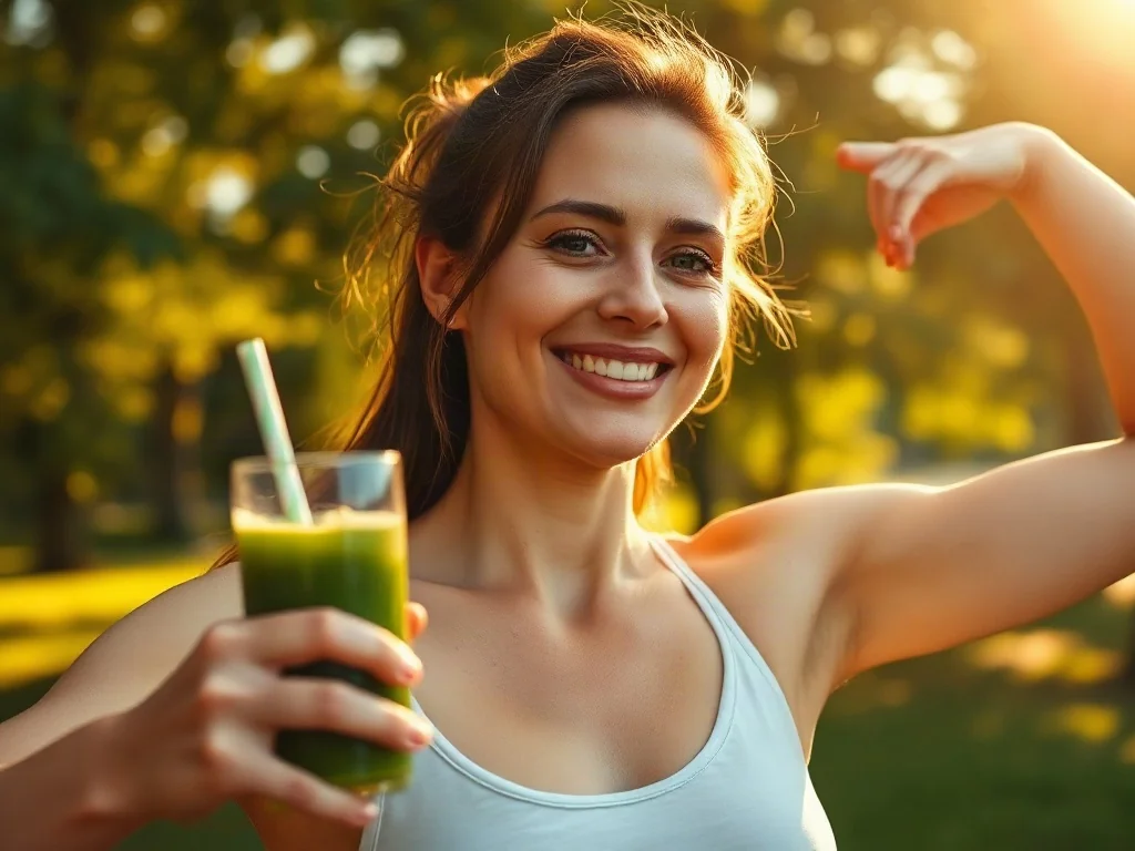 Uśmiechnięta kobieta ćwicząca w słonecznym parku obok szklanki zielonego smoothie, symbolizująca witalność i zdrowy styl życia.