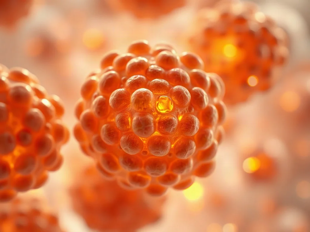 Mikroskopowy widok komórek brunatnej tkanki tłuszczowej z widocznymi mitochondriami, obrazujący procesy metaboliczne organizmu.